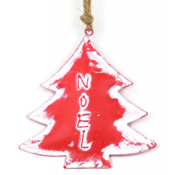 Χριστουγεννιάτικο Μεταλλικό Δεντράκι, Χιονισμένο Κόκκινο με "NOEL" (11cm)